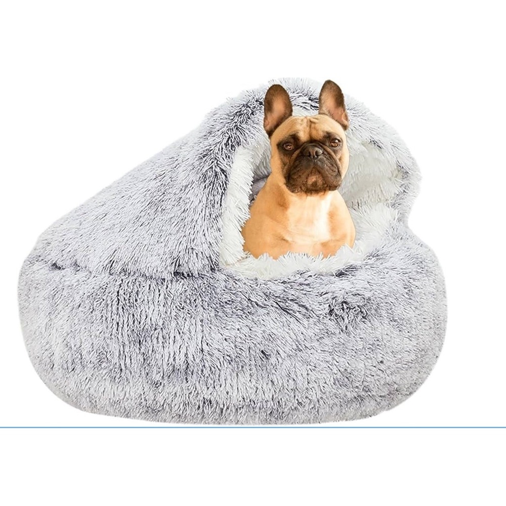 Plush Fuzzy Pet Bed House Soft Shag Hooded Cave Dog Cat Gray White Small